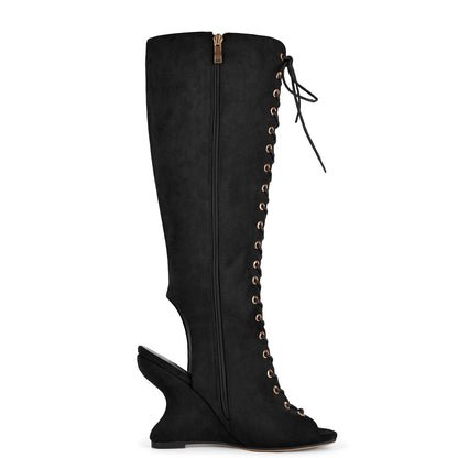 Suede Open Toe Lace-up Wedge Heel Knee High Boots | Onlymaker Best Price