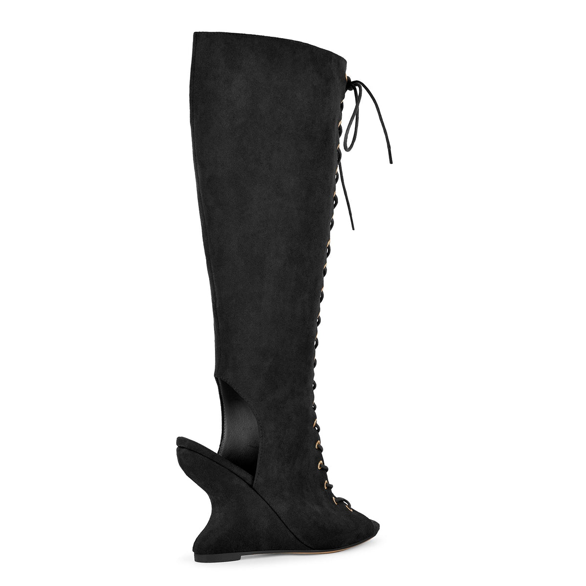 Suede Open Toe Lace-up Wedge Heel Knee High Boots | Onlymaker Best Price
