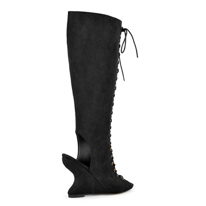 Suede Open Toe Lace-up Wedge Heel Knee High Boots | Onlymaker Best Price