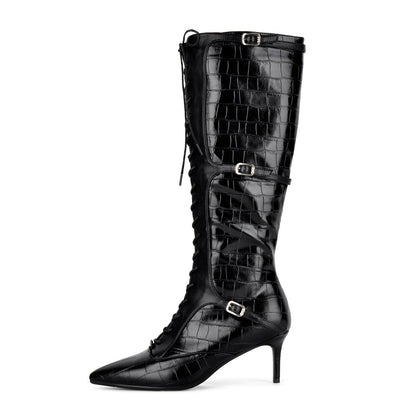 Pointed Toe Stone Buckle Lace-up Knee High Boots | Onlymaker Top Pick