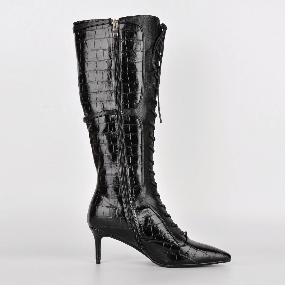 Pointed Toe Stone Buckle Lace-up Knee High Boots | Onlymaker Top Pick
