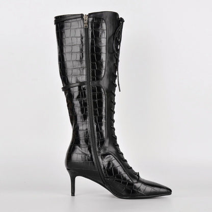 Pointed Toe Stone Buckle Lace-up Knee High Boots | Onlymaker Top Pick