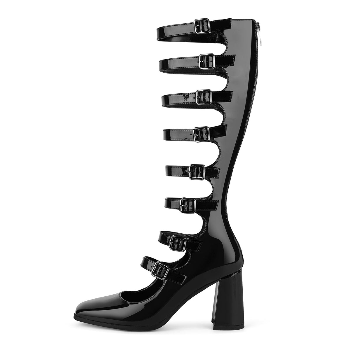 Square Toe Multi Buckle Strap Knee High Boots | Onlymaker Premium