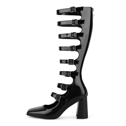 Square Toe Multi Buckle Strap Knee High Boots | Onlymaker Premium
