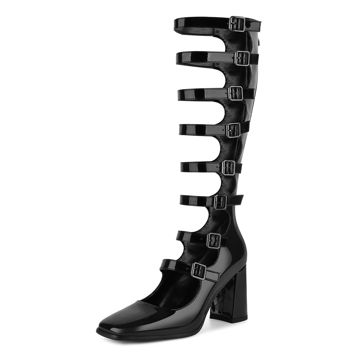 Square Toe Multi Buckle Strap Knee High Boots | Onlymaker Premium