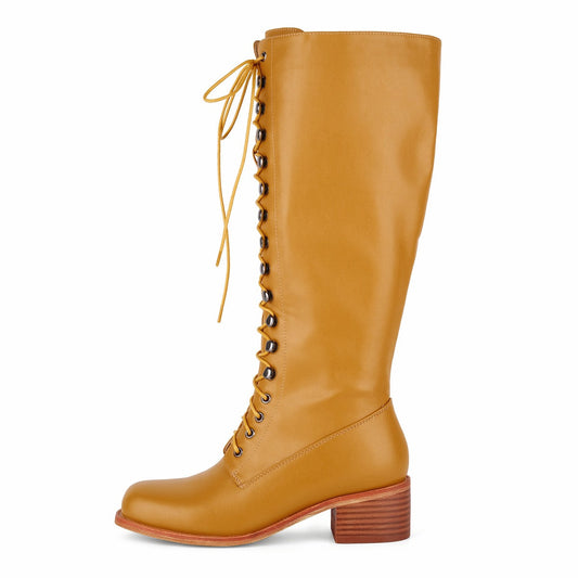 Square Toe Lace-up Chunky Heel Knee High Boots | Onlymaker Special Offer