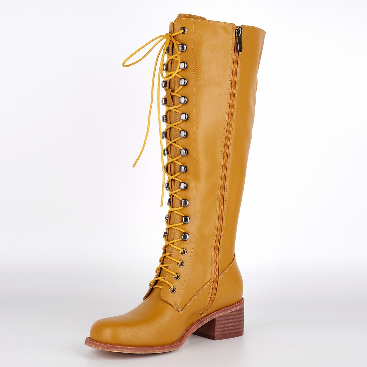 Square Toe Lace-up Chunky Heel Knee High Boots | Onlymaker Special Offer