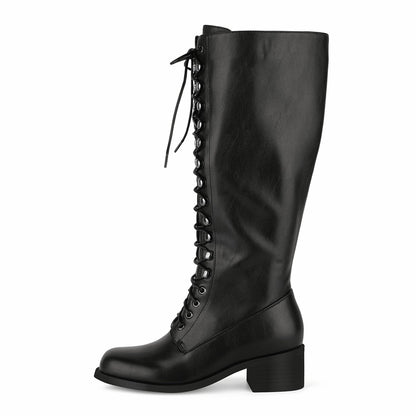 Square Toe Lace-up Chunky Heel Knee High Boots | Onlymaker Special Offer
