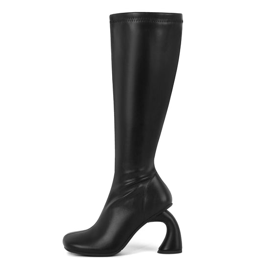 Square Toe Chunky Curved Heel Knee High Boots | Onlymaker Best Seller