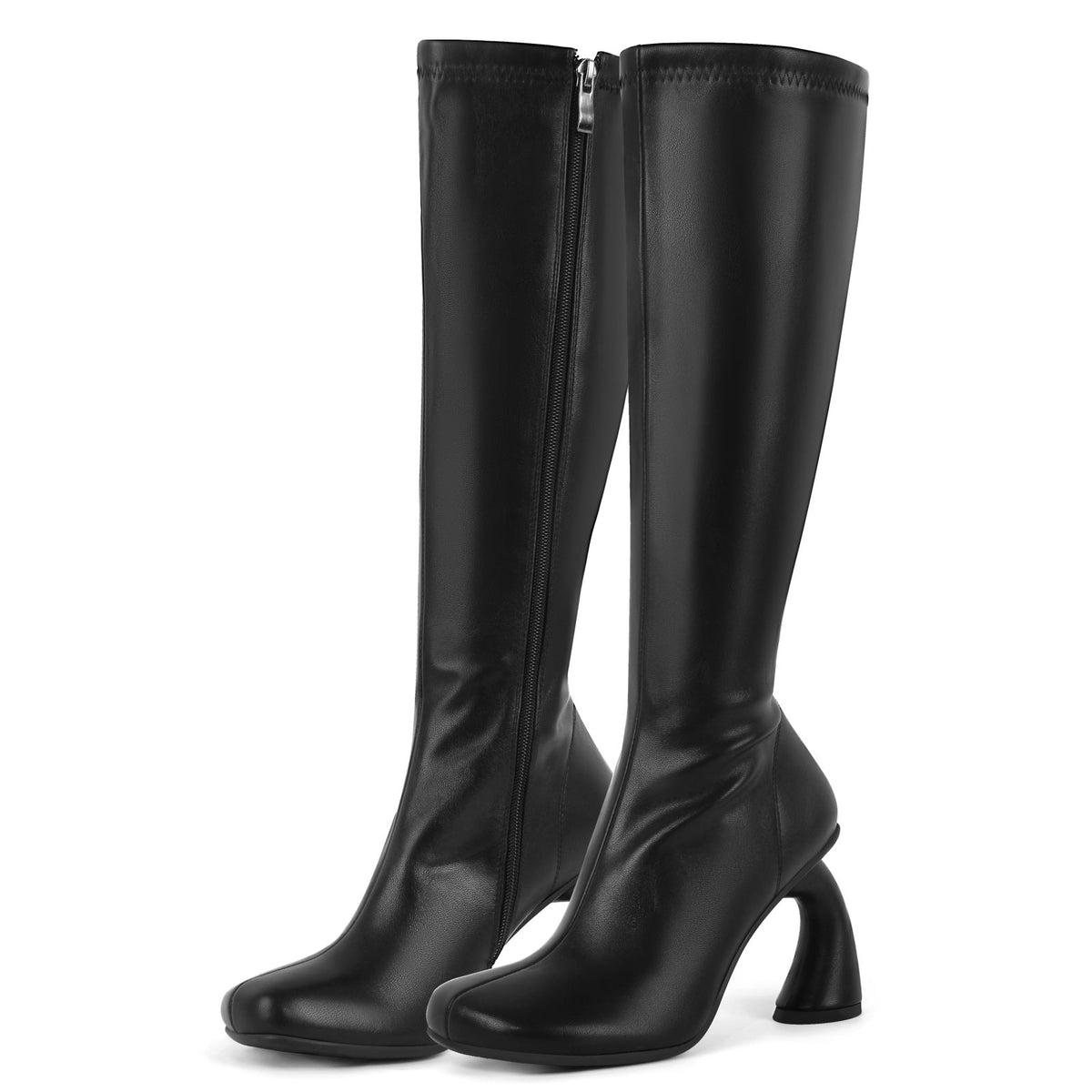 Square Toe Chunky Curved Heel Knee High Boots | Onlymaker Best Seller