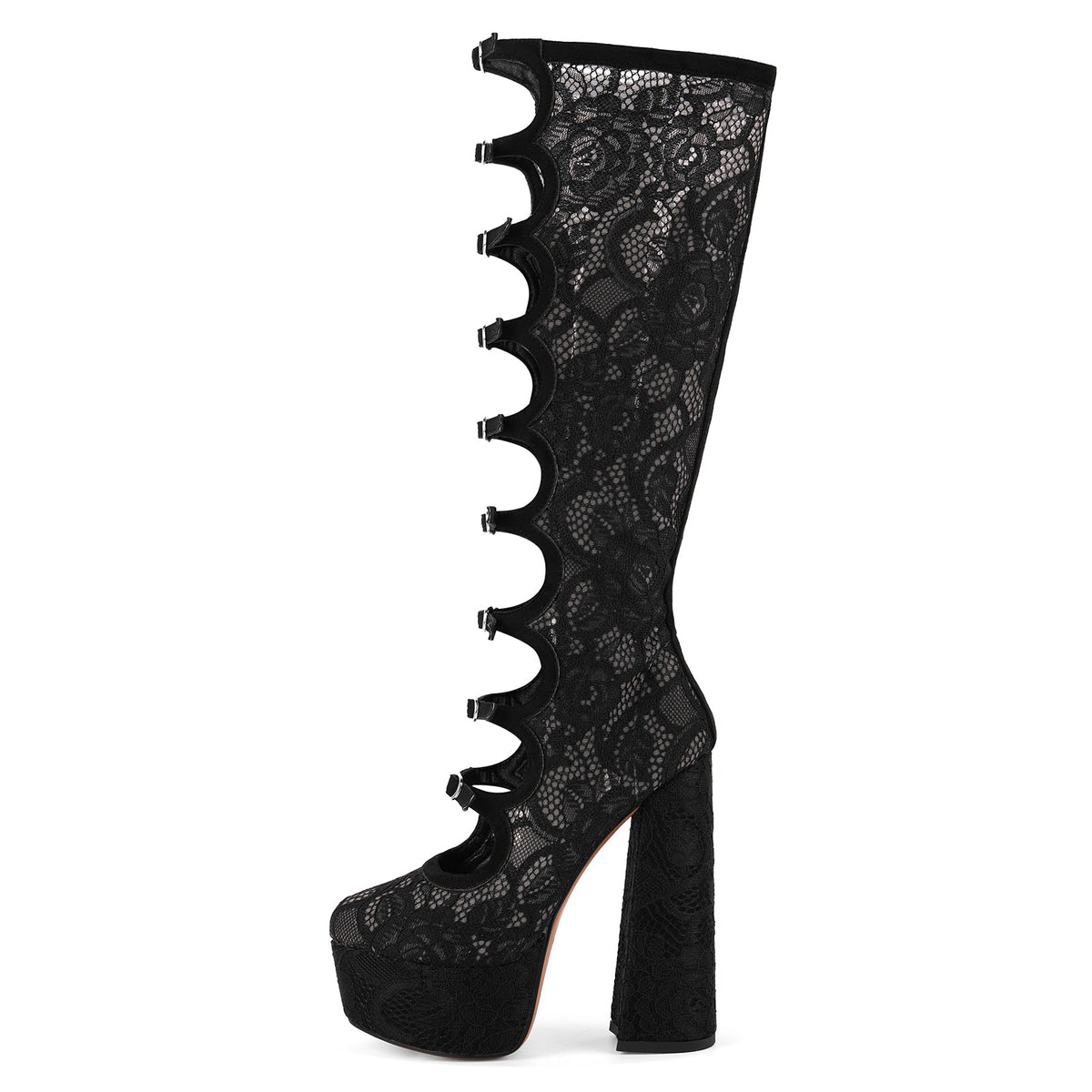 Lace Mesh Multi Buckle Strap Knee High Boots | Onlymaker Great Value