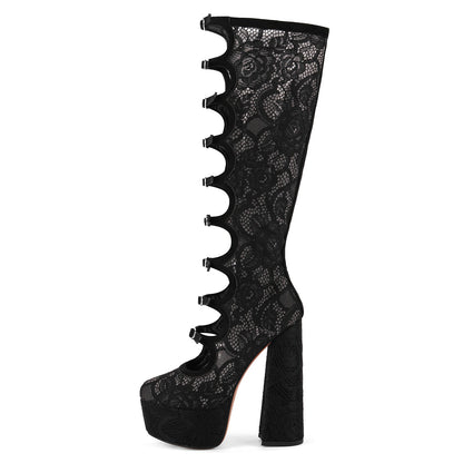 Lace Mesh Multi Buckle Strap Knee High Boots | Onlymaker Great Value