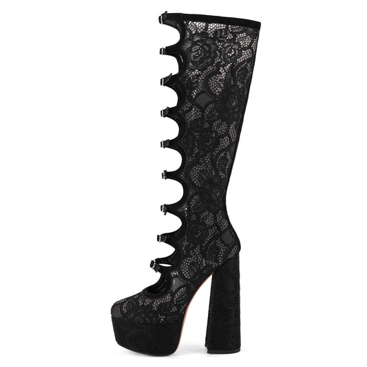 Lace Mesh Multi Buckle Strap Knee High Boots | Onlymaker Great Value