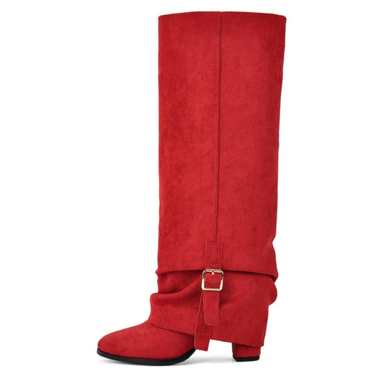 Suede Buckle Fold Over Knee High Boots | Onlymaker Deals