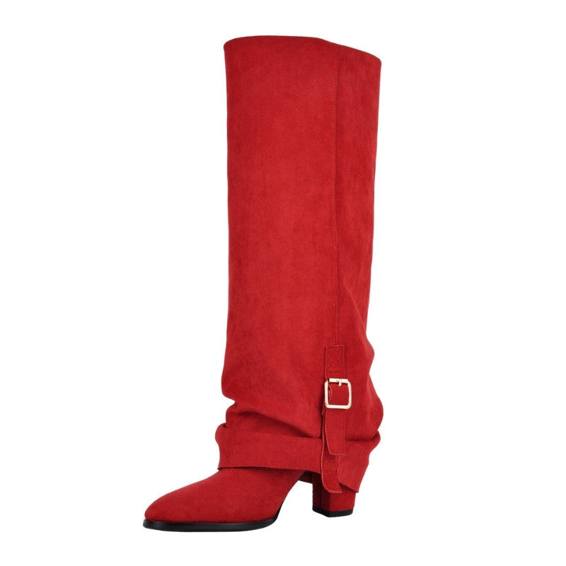 Suede Buckle Fold Over Knee High Boots | Onlymaker Deals