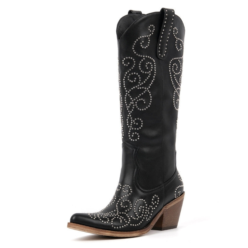 Pointed Toe Rivet Knee High Western Boots | Onlymaker Best Seller