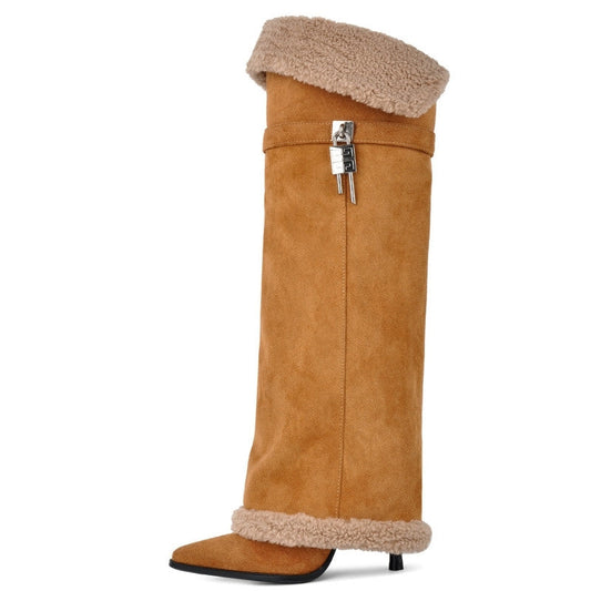 Suede Pointed Toe Lambswool Fold Over Knee High Boots | Onlymaker Deals