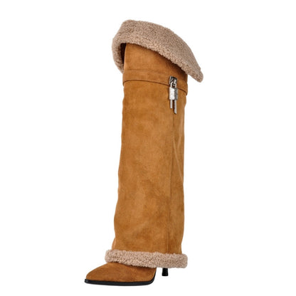 Suede Pointed Toe Lambswool Fold Over Knee High Boots | Onlymaker Deals