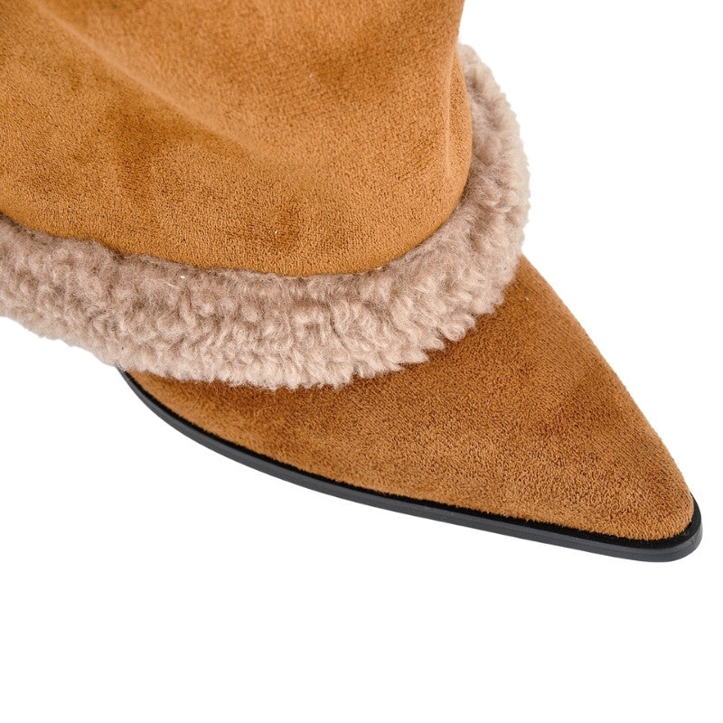 Suede Pointed Toe Lambswool Fold Over Knee High Boots | Onlymaker Deals