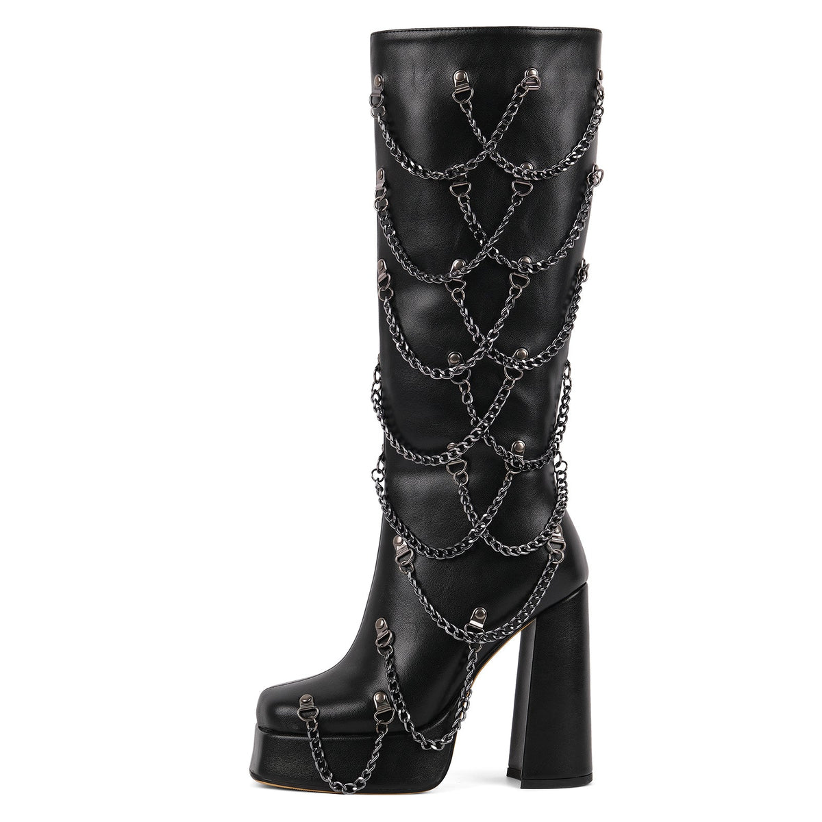 Square Toe Platform Metal Chain Knee High Boots | Onlymaker New