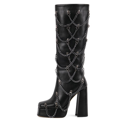 Square Toe Platform Metal Chain Knee High Boots | Onlymaker New