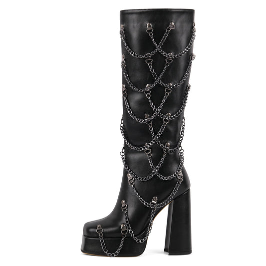 Square Toe Platform Metal Chain Knee High Boots | Onlymaker New