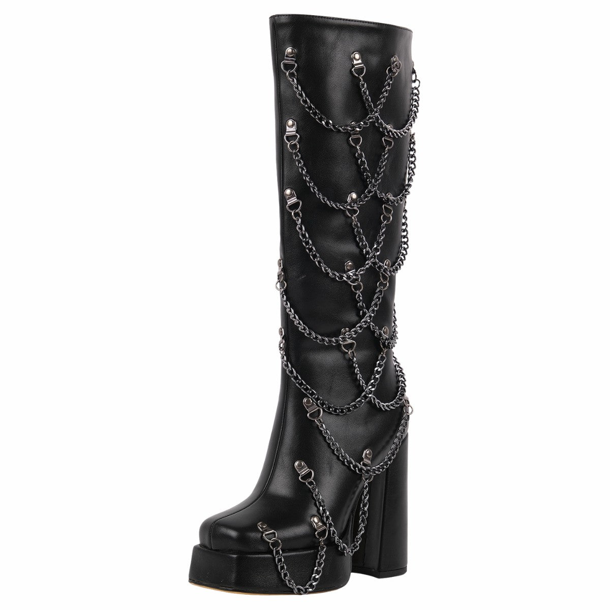 Square Toe Platform Metal Chain Knee High Boots | Onlymaker New