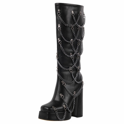 Square Toe Platform Metal Chain Knee High Boots | Onlymaker New
