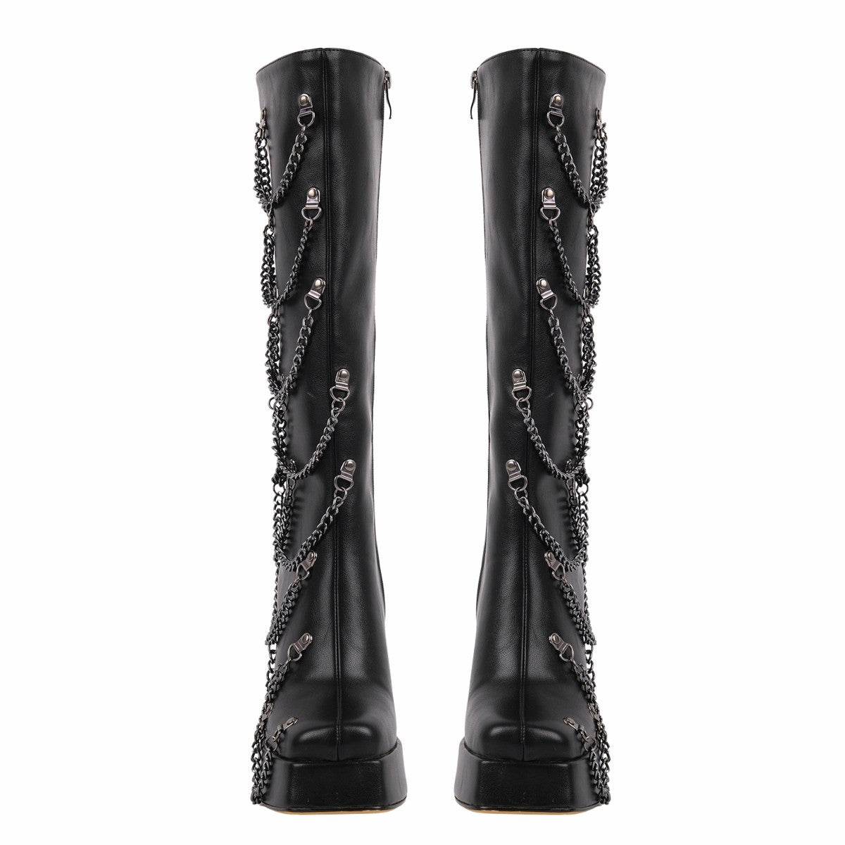 Square Toe Platform Metal Chain Knee High Boots | Onlymaker New