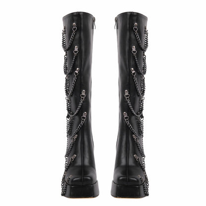 Square Toe Platform Metal Chain Knee High Boots | Onlymaker New