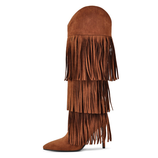 Pointed Toe Suede Fringe Knee High Boots | Onlymaker Top Pick