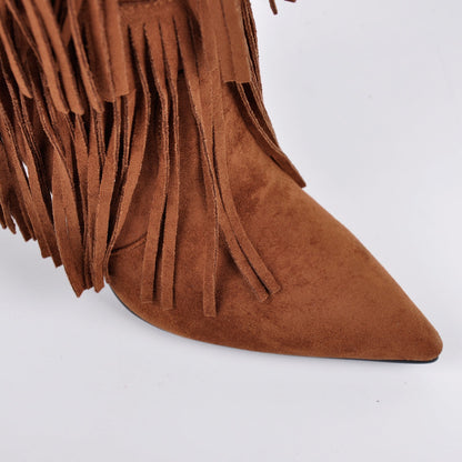 Pointed Toe Suede Fringe Knee High Boots | Onlymaker Top Pick
