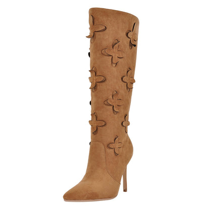 Suede Pointed Toe Floral Knee High Boots | Onlymaker Essential