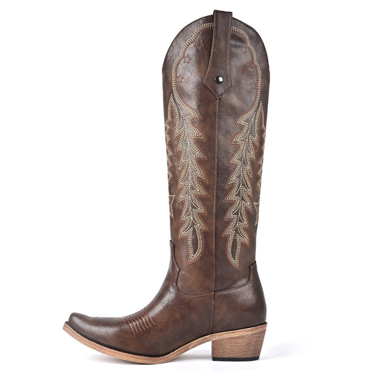 Pointed Toe Embroidery Knee High Western Boots | Onlymaker Special Offer