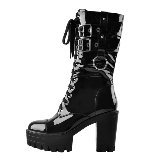 Black Platform Mid Calf Chunky High Heels Boots | Onlymaker Trusted