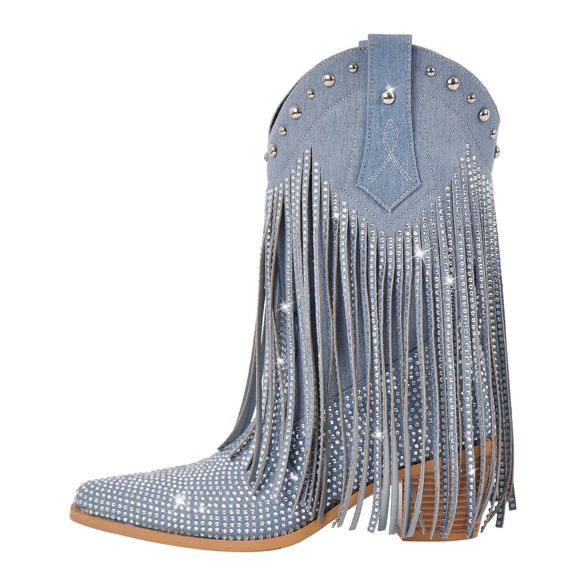Rhinestone Pointed Toe Fringe Mid-Calf Western Boots | Onlymaker Trending