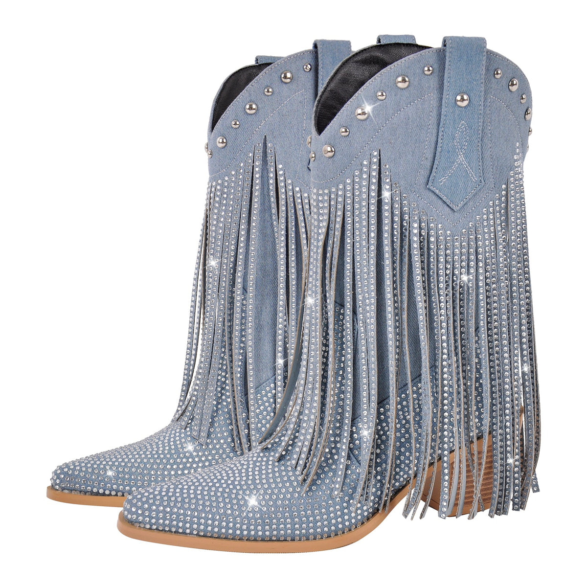 Rhinestone Pointed Toe Fringe Mid-Calf Western Boots | Onlymaker Trending