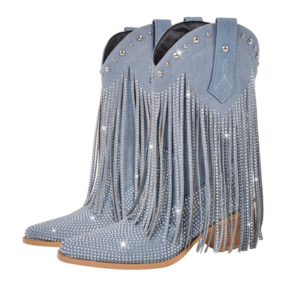 Rhinestone Pointed Toe Fringe Mid-Calf Western Boots | Onlymaker Trending