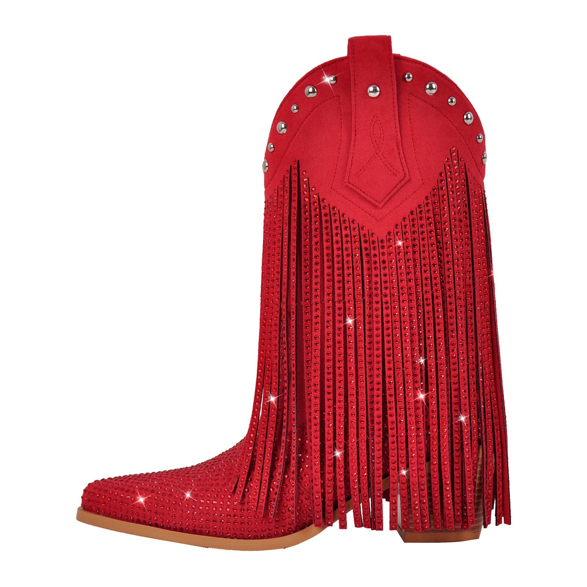 Rhinestone Pointed Toe Fringe Mid-Calf Western Boots | Onlymaker Trending