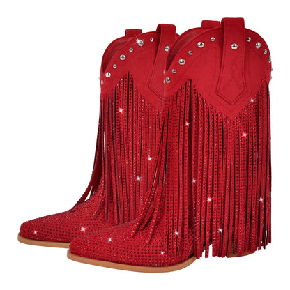 Rhinestone Pointed Toe Fringe Mid-Calf Western Boots | Onlymaker Trending