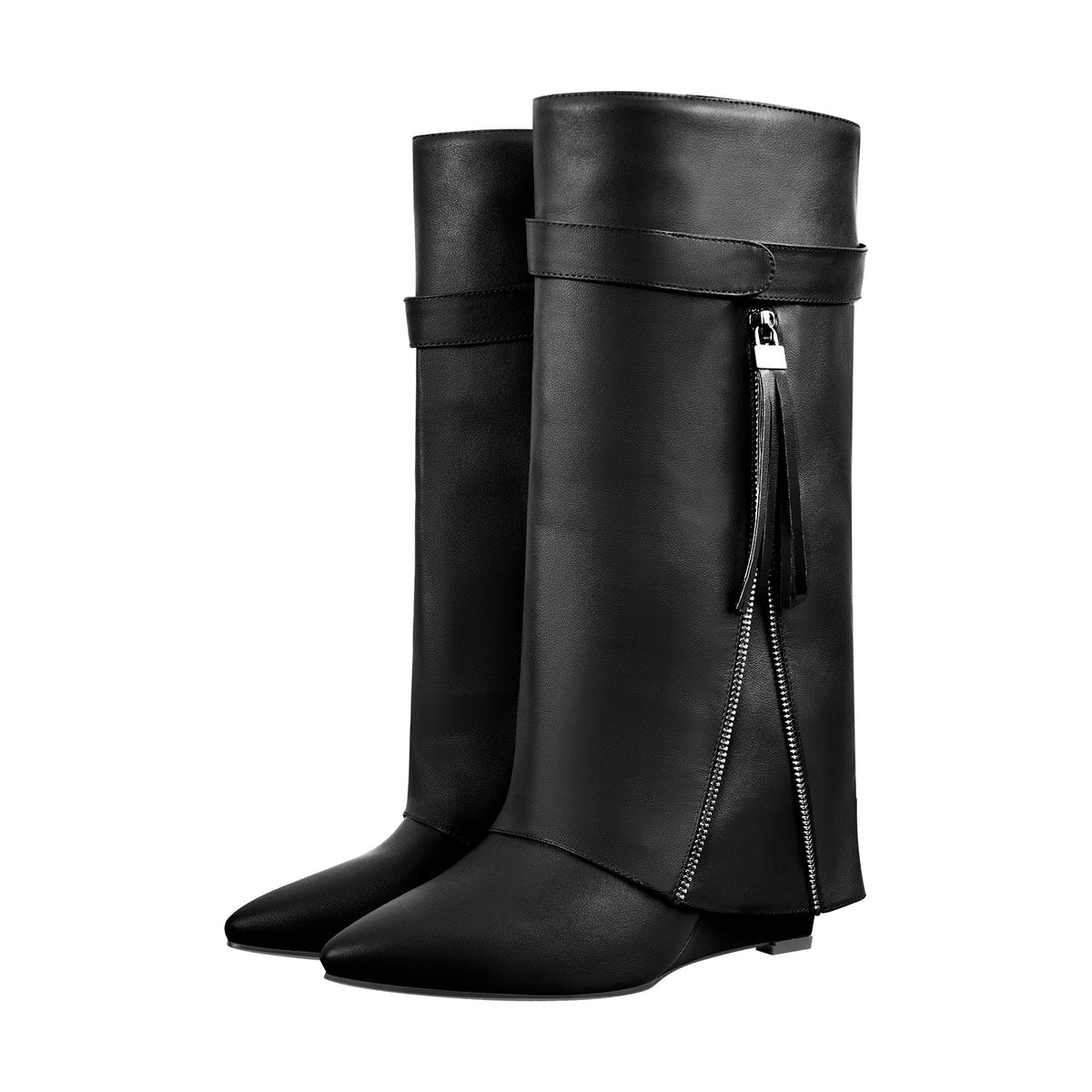 Pointed Toe Side Tassel Zipper Fold Over Boots | Onlymaker Discount