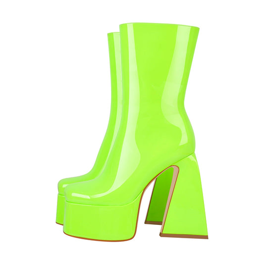 Fluorescent Green Platform Mid-Calf Chunky Boots | Onlymaker Top Pick