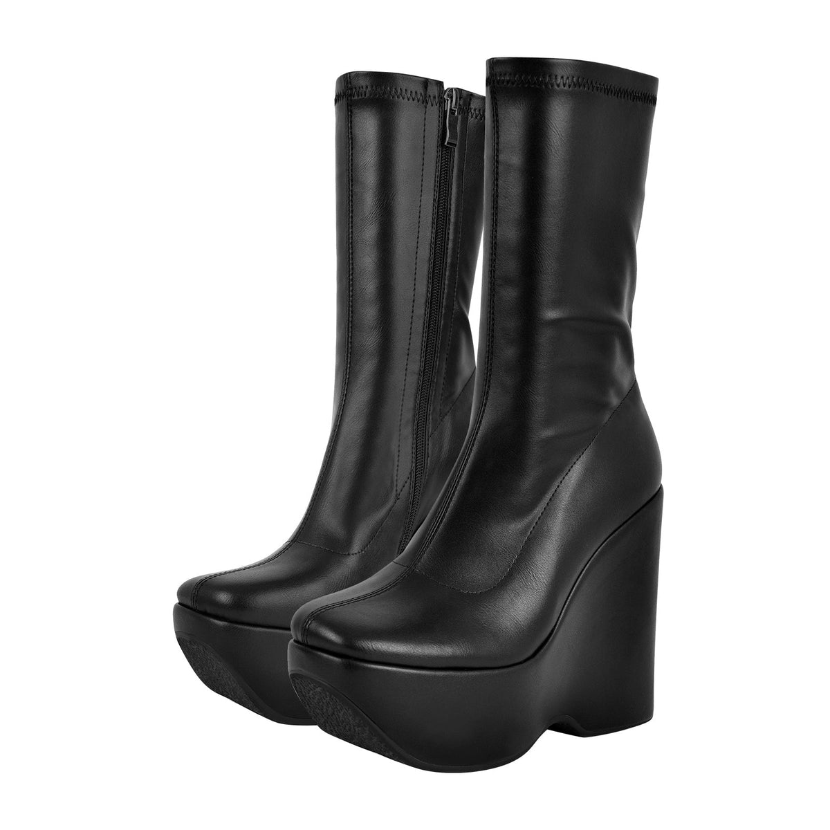 Black Platform Zip Up Mid-Calf Boots | Onlymaker Discount