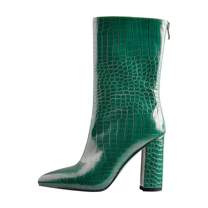 Pointed Toe Stone Pattern Chunky High Heels Darkseagreen Ankle Boots | Onlymaker Trending