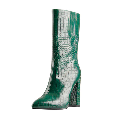 Pointed Toe Stone Pattern Chunky High Heels Darkseagreen Ankle Boots | Onlymaker Trending