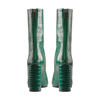 Pointed Toe Stone Pattern Chunky High Heels Darkseagreen Ankle Boots | Onlymaker Trending