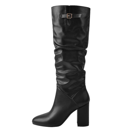 Matte Black Leather Chunky Heels Boots | Onlymaker Exclusive
