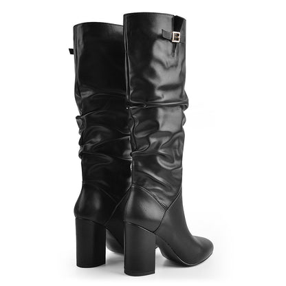 Matte Black Leather Chunky Heels Boots | Onlymaker Exclusive