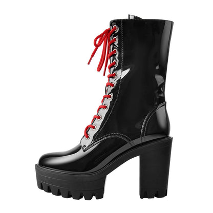 Patent Black Platform Red Lace Chunky Heel Ankle Boots | Onlymaker Best Seller