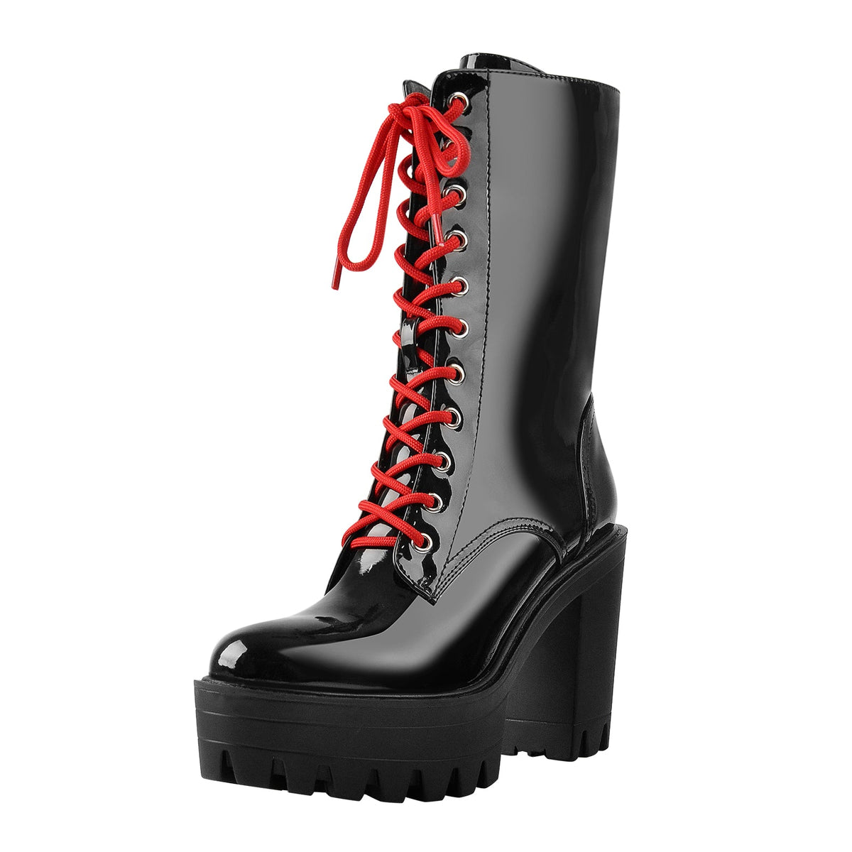Patent Black Platform Red Lace Chunky Heel Ankle Boots | Onlymaker Best Seller